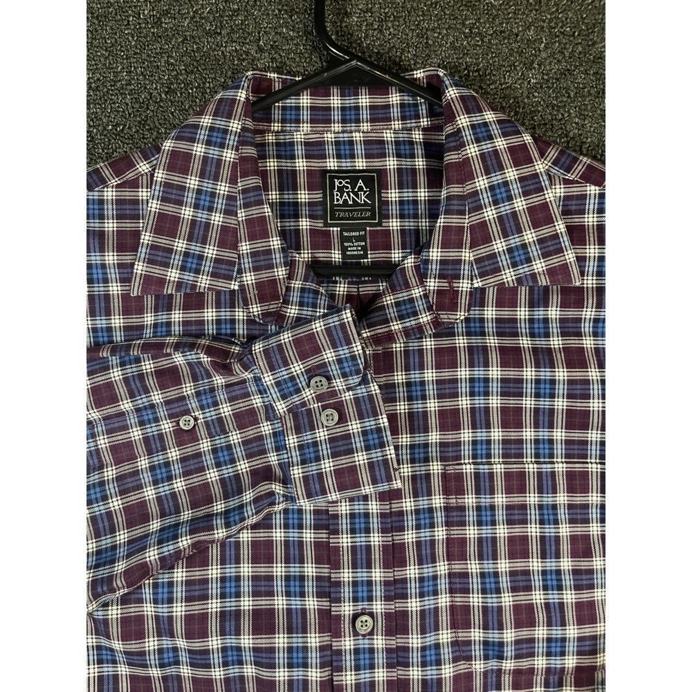 Jos. A. Bank Traveler Tailored Fit Plaid‎ Dress Shirt Mens Large Burgundy Blue